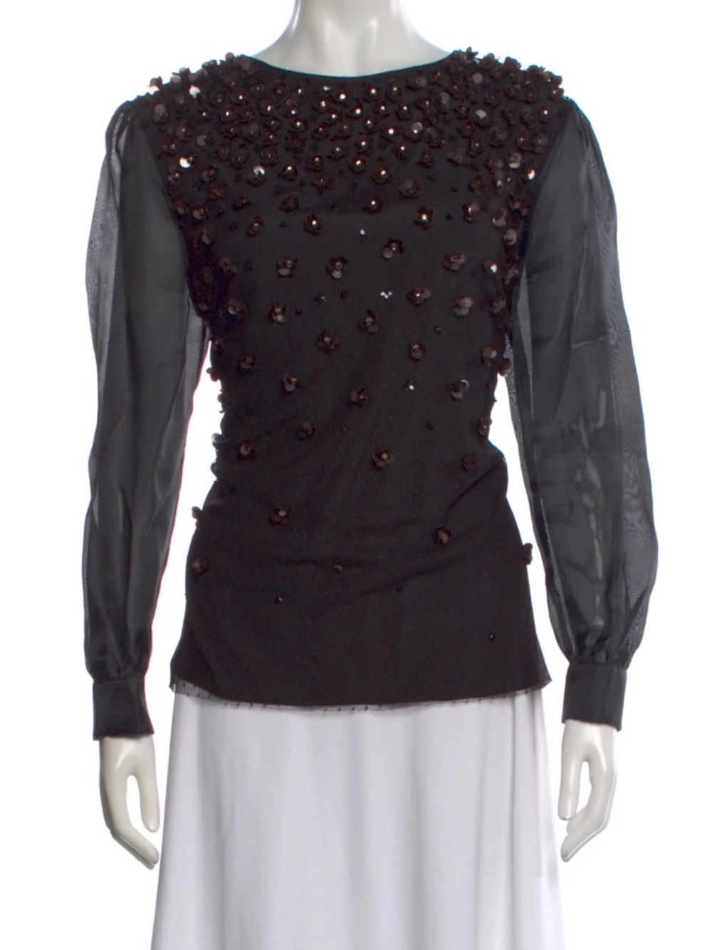 Vintage RED Valentino Black Beaded Sheer-Sleeve Crew Neck Blouse Size 38 New